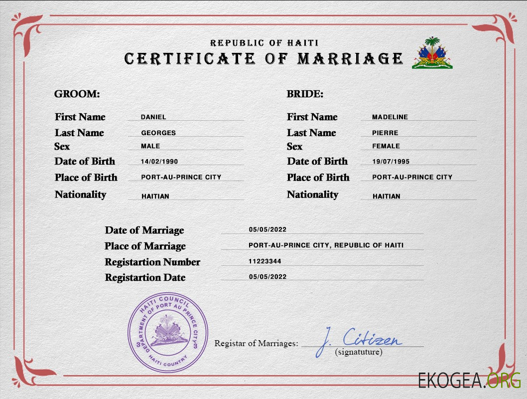 Modèle PSD de certificat de mariage en Haïti